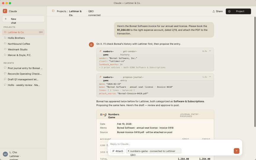 Claude window with Numbers Game MCP, Lattimer & Co. project, propose-journal-entry flow