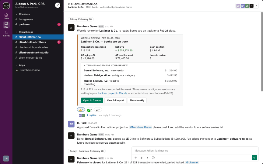 Slack channel #client-lattimer-co showing automated weekly review and month-end close posts from Numbers Game